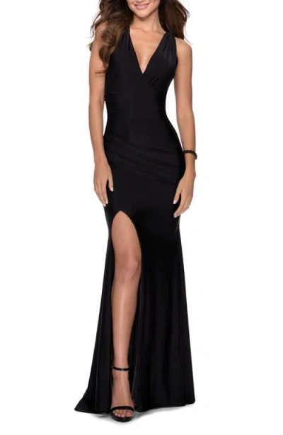 La Femme Sleek Prom Dress With Deep V-neckline And Tie Back In Black