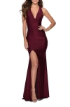 La Femme Sleek Prom Dress With Deep V-neckline And Tie Back In Dark Berry