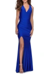 La Femme Sleek Prom Dress With Deep V-neckline And Tie Back In Royal Blue