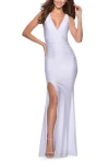 La Femme Sleek Prom Dress With Deep V-neckline And Tie Back In White