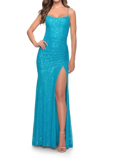 La Femme Sleeveless Sequined Gown In Aqua