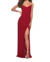 La Femme Slinky Ruched Evening Gown Dress In Deep Red In Red
