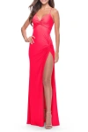 La Femme Soft Jersey Dress With Knot Detail On Bust And Hip