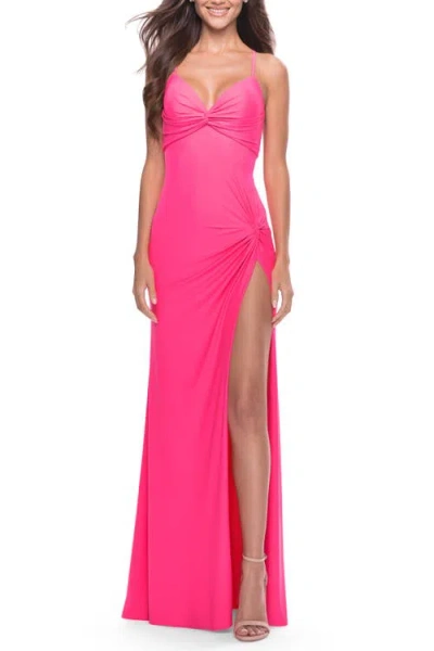 La Femme Soft Jersey Dress With Knot Detail On Bust And Hip
