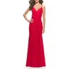 La Femme Soft Jersey Dress With Knot Waist And Lace Up Back