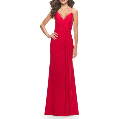 La Femme Soft Jersey Dress With Knot Waist And Lace Up Back