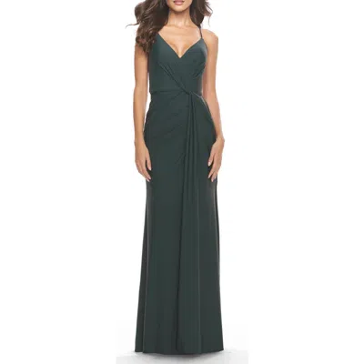 La Femme Soft Jersey Dress With Knot Waist And Lace Up Back