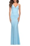 La Femme Soft Jersey Ruched Dress With Draped Neckline