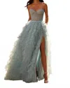 La Femme Soft Ruffled Tulle Prom Dress In Dusty Blue In Multi