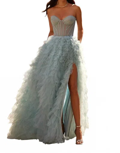 La Femme Soft Ruffled Tulle Prom Dress In Dusty Blue In Multi