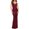 La Femme Soft Sequin Long Gown With Lace Up Back In Burgundy