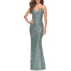 La Femme Soft Sequin Long Gown With Lace Up Back In Green