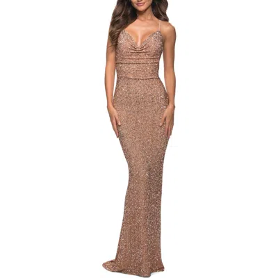 La Femme Soft Sequin Long Gown With Lace Up Back In Rose Gold