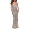 La Femme Soft Sequin Long Gown With Lace Up Back In Silver
