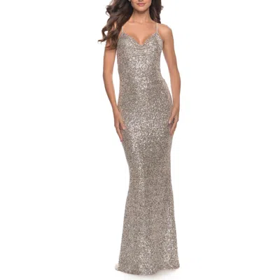 La Femme Soft Sequin Long Gown With Lace Up Back In Silver
