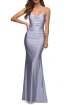 La Femme Sparkle Rhinestone Long Jersey Prom Dress In Light Periwinkle