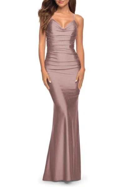 La Femme Sparkle Rhinestone Long Jersey Prom Dress In Mauve