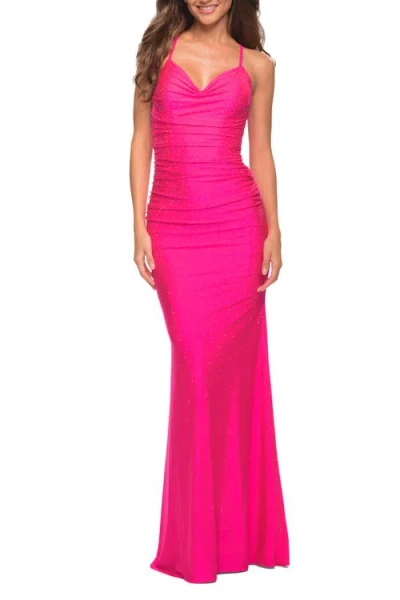 La Femme Sparkle Rhinestone Long Jersey Prom Dress In Neon Pink
