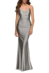 La Femme Sparkle Rhinestone Long Jersey Prom Dress In Silver