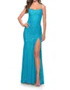 La Femme High Neck Long Sequin Gown With Open Back In Blue