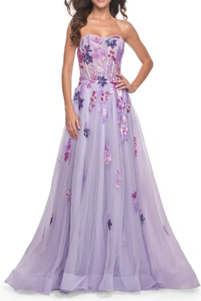 La Femme Strapless A-line Gown With Multi Color Sequin Lace Detail In Purple