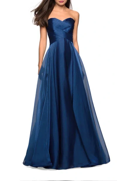 La Femme Strapless Chiffon Dress With Criss Cross Bodice Detail In Navy