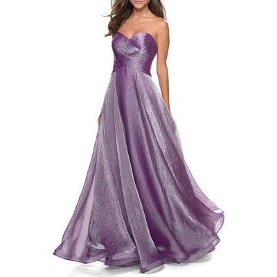 La Femme Strapless Chiffon Dress With Criss Cross Bodice Detail In Orchid