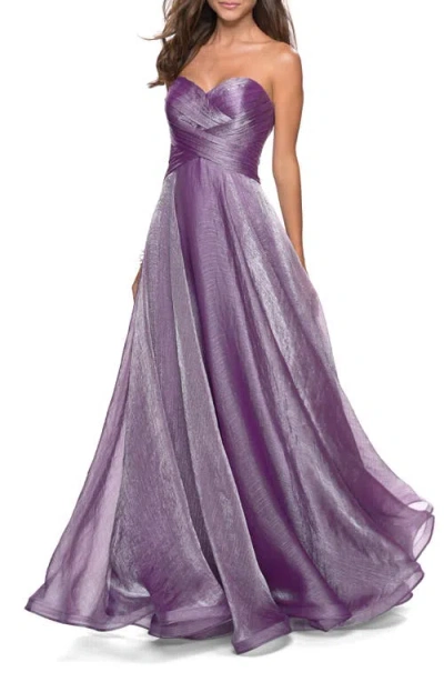La Femme Strapless Chiffon Dress With Criss Cross Bodice Detail In Orchid