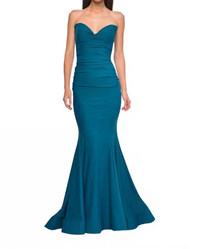La Femme Strapless Draped Neckline Mermaid Prom Dress In Dark Teal In Blue