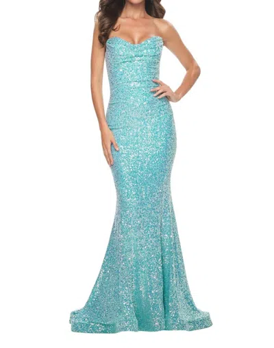 La Femme Strapless Draped Neckline Prom Dress In Light Aqua In Blue