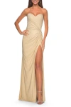 La Femme Strapless Fitted Rhinestone Embellished Gown With Knot Detail
