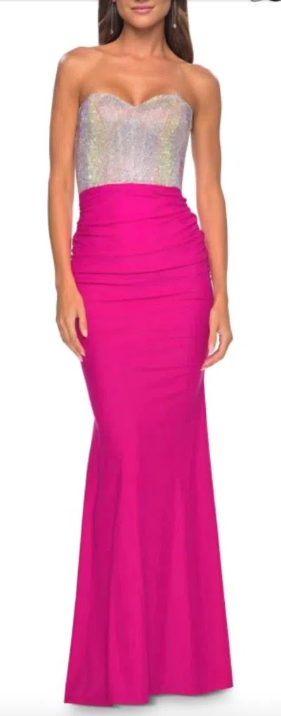 LA FEMME STRAPLESS GOWN WITH BEADED TOP IN FUCHSIA