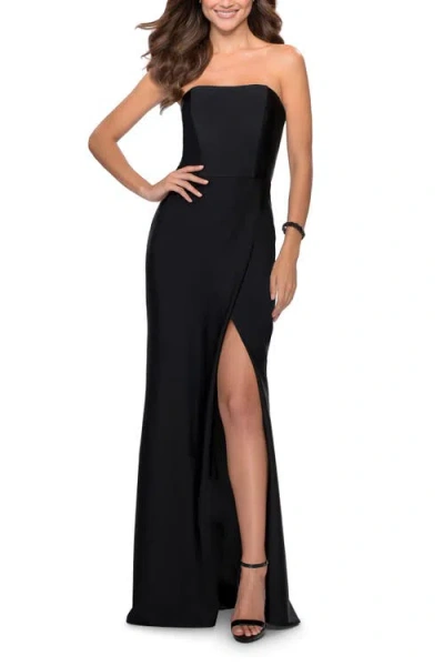 La Femme Strapless Gown With Double Criss Cross Open Back In Black