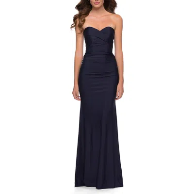 La Femme Strapless Jersey Dress With Ruching And Full Back In Navy