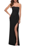 La Femme Strapless Jersey Dress With Ruching And Skirt Slit In Black