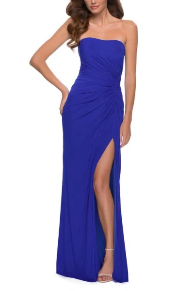 La Femme Strapless Jersey Dress With Ruching And Skirt Slit In Blue