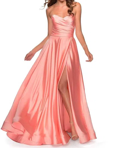 La Femme Strapless Peach Ballgown Dress In Pink