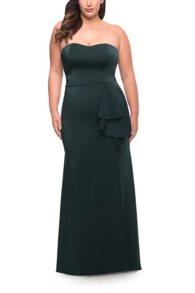La Femme Strapless Plus Size Dress With Ruffle Slit Detail In Dark Emerald