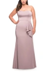 La Femme Strapless Plus Size Dress With Ruffle Slit Detail In Mauve
