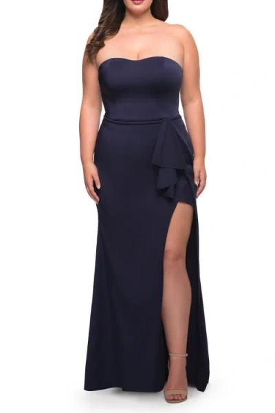 La Femme Strapless Plus Size Dress With Ruffle Slit Detail In Navy