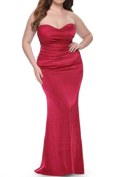 La Femme Strapless Ruched Stretch Satin Plus Size Dress