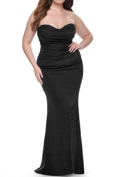 La Femme Strapless Ruched Stretch Satin Plus Size Dress