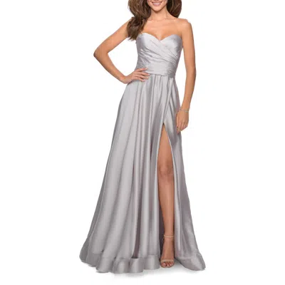 La Femme Strapless Satin Gown With Pleated Bodice And Slit