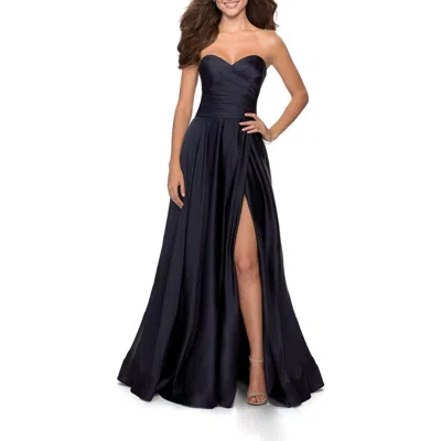 La Femme Strapless Satin Gown With Pleated Bodice And Slit