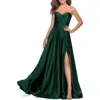 La Femme Strapless Satin Gown With Pleated Bodice And Slit