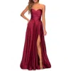La Femme Strapless Satin Gown With Pleated Bodice And Slit In Burgundy