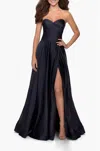 La Femme Strapless Satin Gown With Pleated Bodice And Slit In Navy In Blue