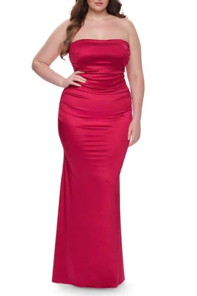 La Femme Strapless Satin Plus Size Dress With Ruching In Red