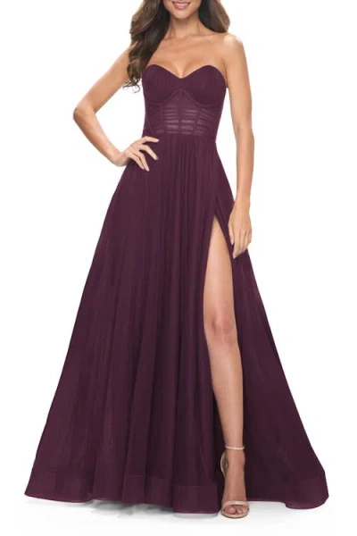La Femme Strapless Sweetheart A-line Corset Prom Dress In Burgundy
