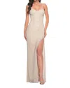 La Femme Strapless Sweetheart Fishnet Prom Dress In Champagne In Neutral